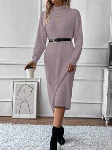 SHEIN Clasi Solid Color Stand Collar Drop Shoulder Long Sleeve Dress - Dusty Pink - View 5