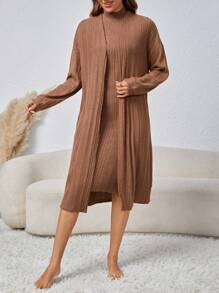 女式纯色无袖连衣裙和休闲开衫家居服套装 - 棕色 - 查看 4