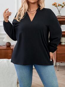 SHEIN Essnce Áo sơ mi nữ cỡ lớn tay phồng với cổ bèo nhún. - màu đen - Xem 6