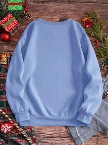 SHEIN EZwear 女聖誕雪人印花抓絨運動衫 - 藍色 - 查看 2