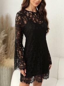 SHEIN Clasi Vestido De Mujer Con Mangas Acampanadas Y Parche De Encaje - Negro - Ver 3