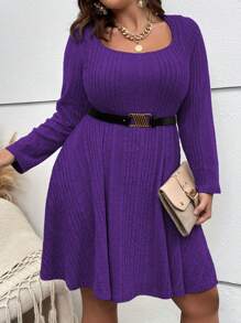 SHEIN Clasi Plus Size Women's Big Round Neck Ribbed Bodycon Dress - Purple - View 5