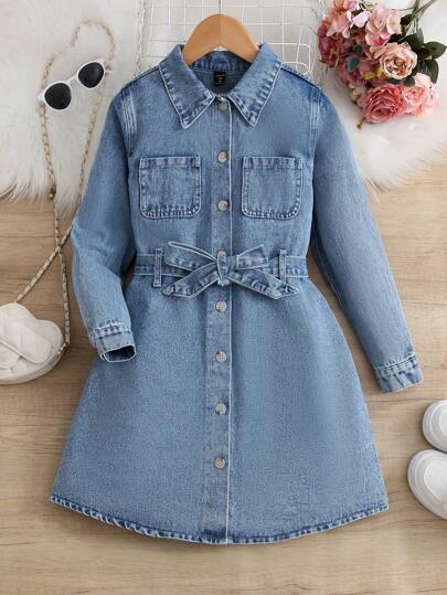 SHEIN Vintaside Kids Tween Girls' Blue Casual Denim Dress With Belt