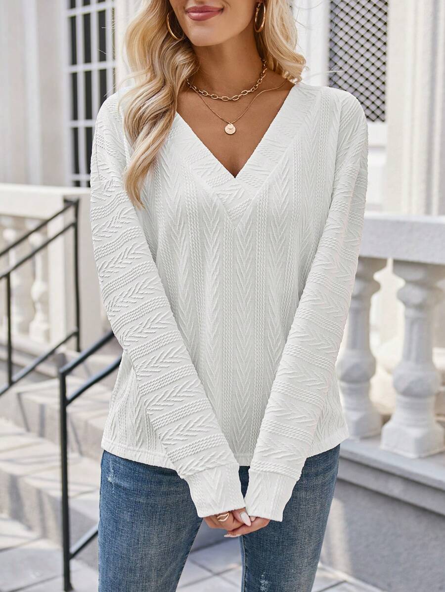 SHEIN LUNE White V-neck Long Sleeve T-shirt - White - View 1