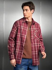 Manfinity RebelGame Nam Dệt Giải trí Kẻ sọc Áo sơ mi - Màu Đỏ Sâu - Xem 3