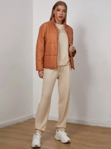 SHEIN Unity Women's High-Neck, Thick And Warm Coat, Long-Sleeved T-Shirt And Trousers Three-Piece Set For Daily Wear In Autumn And Winter