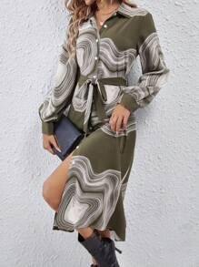 SHEIN Clasi Random Print Long Sleeve Dress - Army Green - View 4