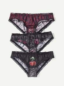Sweetness 3pcs/set Romantic Floral Lace Mesh Printed Thong Panties With Scalloped Edge, Including Rose, Cherry And Wave Patterns - Multicolor - View 1