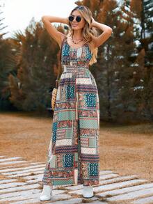 SHEIN VCAY 拼接印花寬腿背心連體褲 - 綠色 - 查看 3