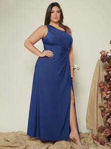 SHEIN Belle Plus尺寸一字肩扭結前開叉伴娘裙 - 藏蓝色 - 查看 5