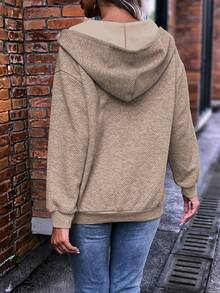 SHEIN LUNE 女式落肩抽繩連帽運動衫 - 卡其色 - 查看 2