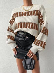 EURMUSE Women'S Contrasting Drop Shoulder Sweater - Brown - View 4
