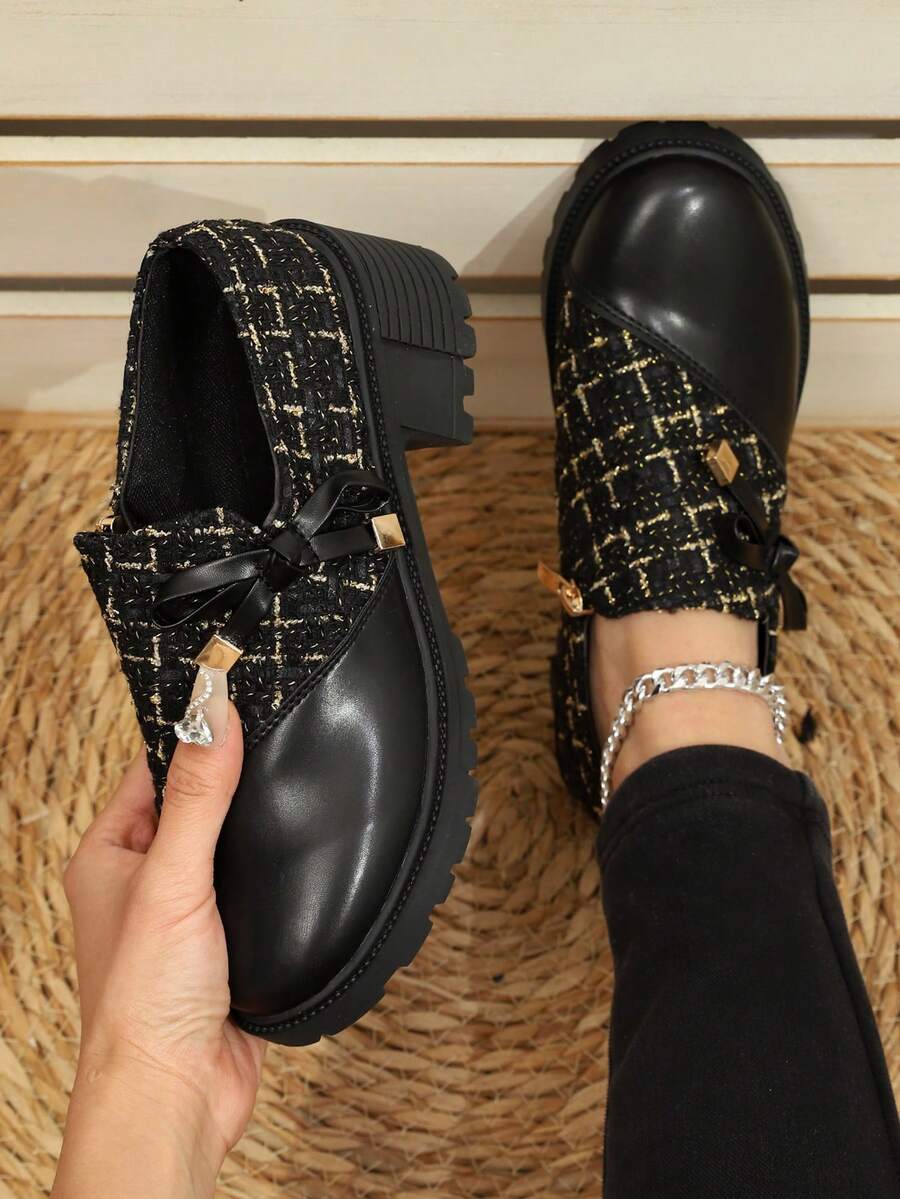 秋冬新品格子拼花蝴蝶結女式正裝鞋厚底高跟復古樂福鞋