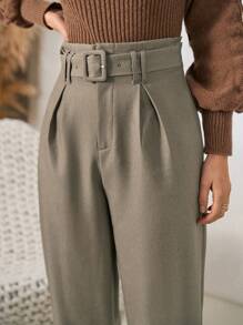 SHEIN Frenchy 女款高腰素面直筒褲 - 灰色 - 查看 2