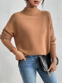 SHEIN Essnce 女士立領下擺寬鬆毛衣 - 米色 - 查看 1