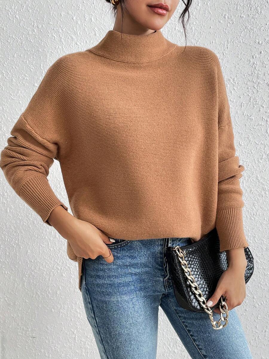 SHEIN Essnce 女士立領下擺寬鬆毛衣 - 米色 - 查看 1