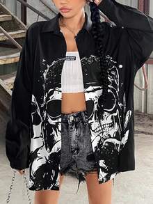 SHEIN ICON Skull Print Drop Shoulder Shirt - Black - View 4
