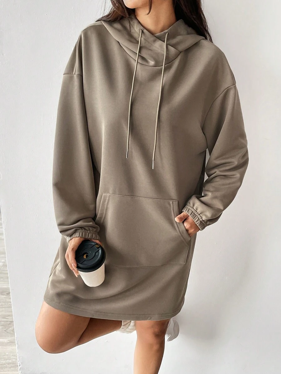 SHEIN EZwear 下垂肩針織連帽裙 - 棕色 - 查看 1