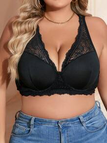 Lace Full Support Bra With Underwire For Plus Size Women - Black - View 1