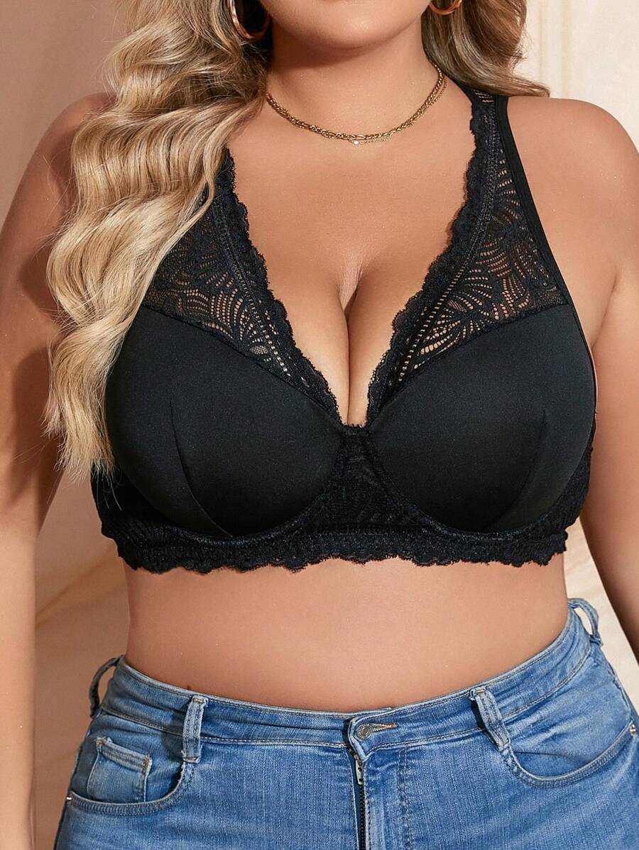 Lace Full Support Bra With Underwire For Plus Size Women - Black - View 1