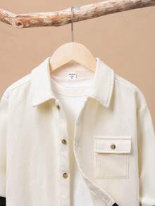 SHEIN Boys' Casual Color Block Turn-down Collar Cardigan Shirt - Black - View 3