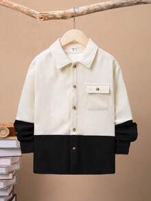 SHEIN Boys' Casual Color Block Turn-down Collar Cardigan Shirt - Black - View 6