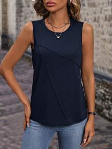 SHEIN LUNE Solid Seam Front Tank Top - Navy Blue - View 5