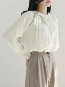 DAZY 纯色女士衬衫，带领带，长袖 - 白色 - 查看 7