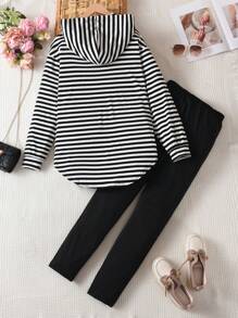 Sparklyn Teen Girls' Hooded Striped Top And Black Casual Pants Two-piece Set - Black and White - View 2