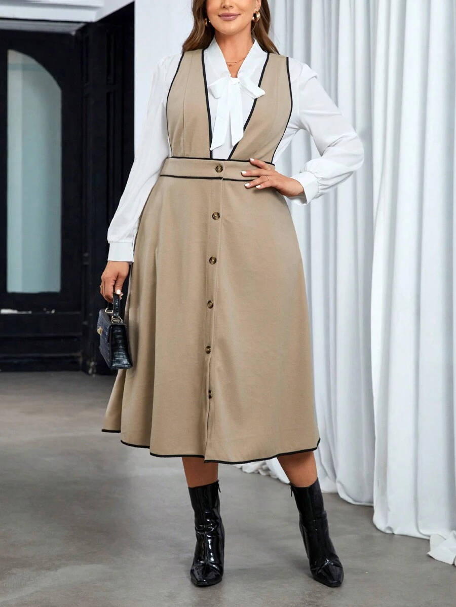 SHEIN Privé 大尺寸女士色塊邊框中長裙 - 卡其色 - 查看 1