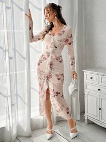 Firerie 女款花卉印花 V 領網布拼接荷葉邊下擺洋裝 - 彩色 - 查看 5