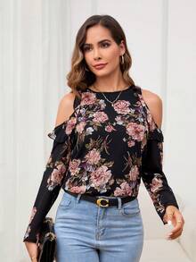 SHEIN Clasi 全印花菌褶邊蕾絲圓領短袖女襯衫 - 彩色 - 查看 4