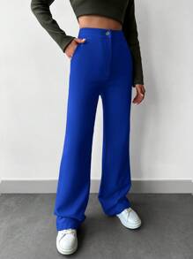EURMUSE High-waisted Straight-leg Suit Pants With Slant Pockets - Royal Blue - View 1