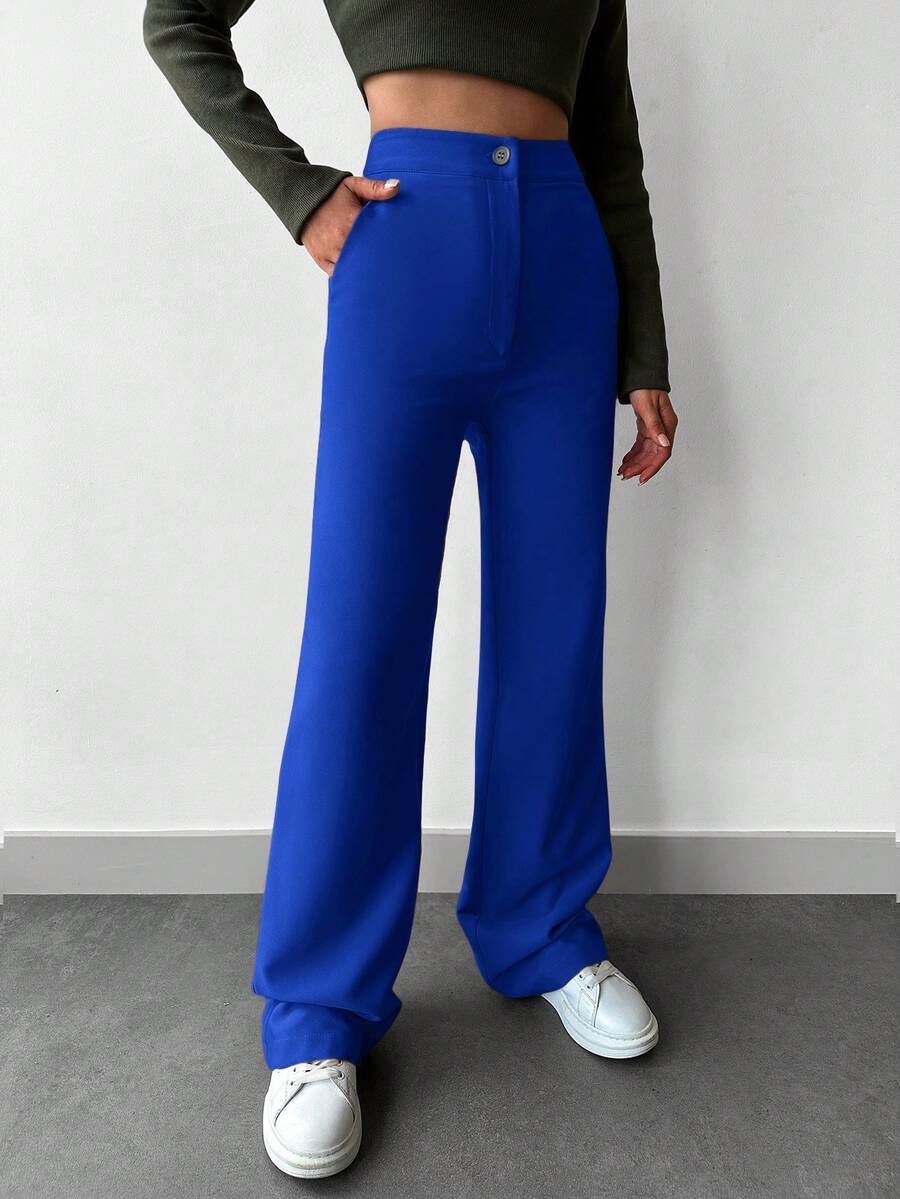 EURMUSE High-waisted Straight-leg Suit Pants With Slant Pockets - Royal Blue - View 1