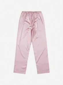 5件套对比色蕾丝腰带缎面睡衣套装/节日季睡衣套装 - 藕粉色 - 查看 3