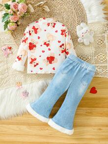 Áo thun cổ cao in hình gấu cho bé gái kèm quần ống loe denim có viền tua rua, 2 chiếc/bộ - trắng - Xem 2