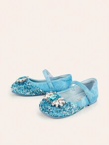 女童公主裙鞋鑲水晶艾莎公主扁平閃亮鑲鑽鞋鋼琴表演舞台鞋 - 藍色 - 查看 4