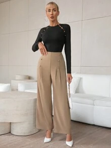 SHEIN Privé Women's Double-breasted Buttoned Trousers - Khaki - View 4