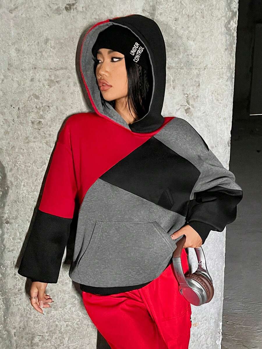 SHEIN EZwear 不对称拼接女式连帽运动衫 - 黑色 - 查看 1