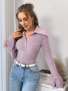 SHEIN Privé 女式翻領毛邊下擺連身衣 - 粉色 - 查看 5