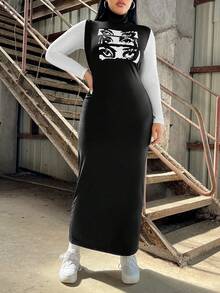 SHEIN EZwear 女款大尺碼睫毛印花高領拼色連身裙 - 黑與白 - 查看 7