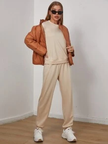 SHEIN Unity Women's High-Neck, Thick And Warm Coat, Long-Sleeved T-Shirt And Trousers Three-Piece Set For Daily Wear In Autumn And Winter