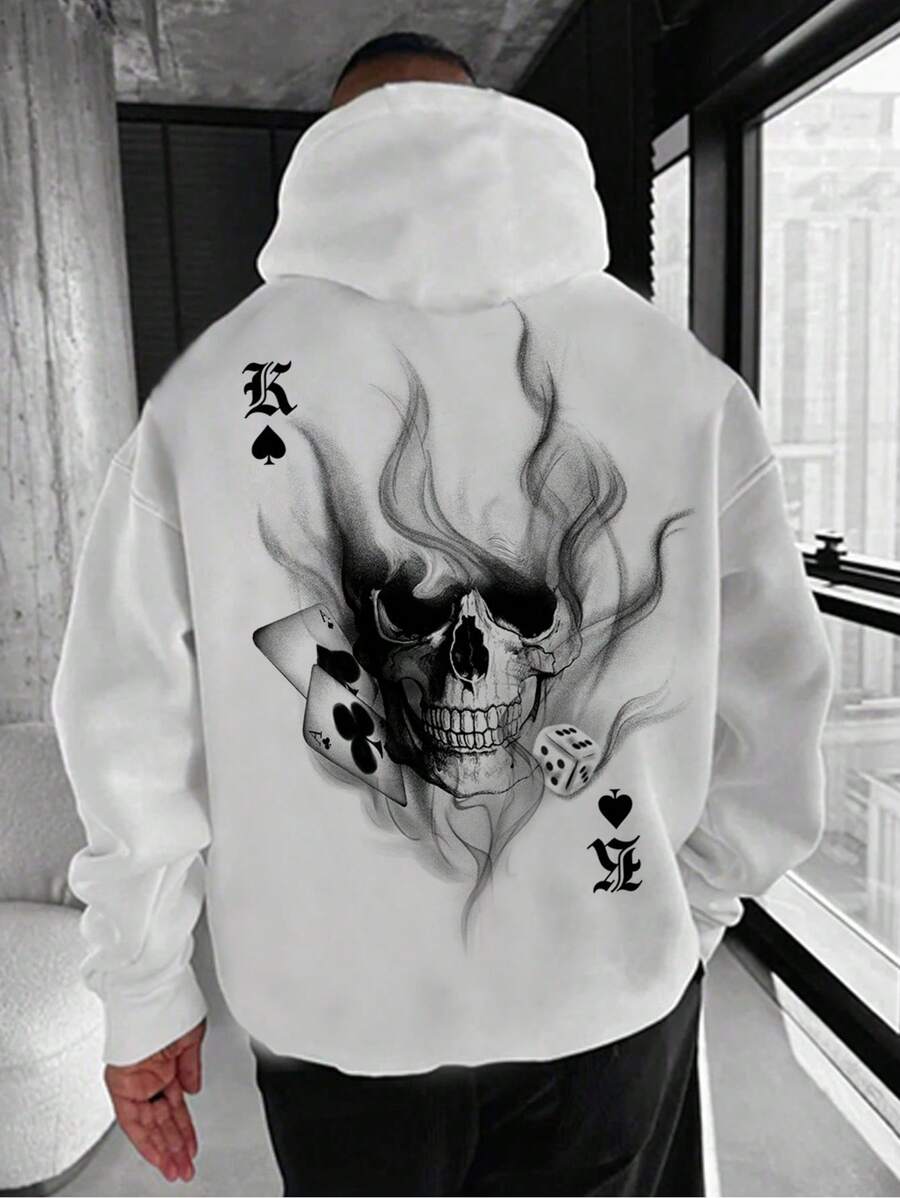 Manfinity RebelGame Men's Skull & Playing Card Print Oversize Hooded Sweatshirt - White - View 1
