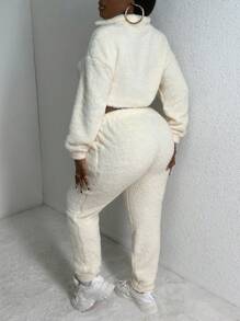 Slaydiva Women'S Fluffy Drop Shoulder Hoodie And Sweatpants Set - White - View 2