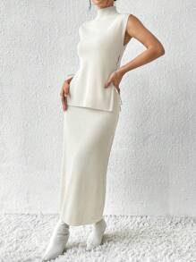 SHEIN Privé Của phụ nữ Một nửa Áo cao cổ Bên Buộc Không tay Áo len Và Dệt kim Bộ váy - Màu be - Xem 5