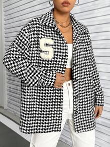 Lunelith SHEIN Lunessa Abrigo De Lana De Manga Larga A Cuadros Houndstooth Para Mujer