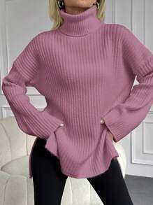 EURMUSE Jersey Con Cuello Alto Y Hombros Caídos Con Dobladillo Dividido - Rosa - Ver 5
