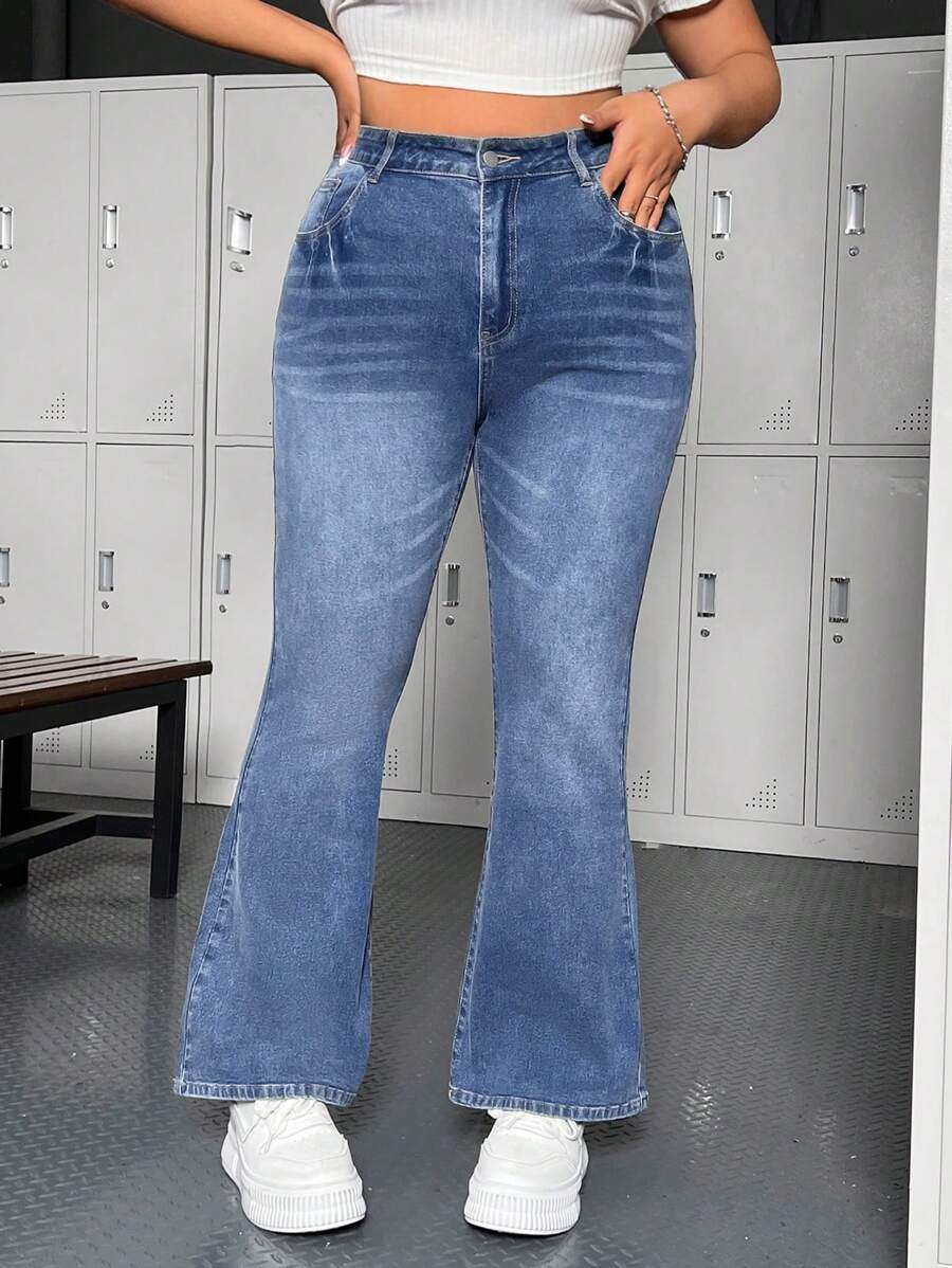 SHEIN EZwear 女士大尺碼喇叭牛仔褲 - 藍色 - 查看 1