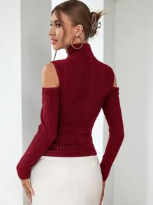 SHEIN Privé 實心高領t恤,露肩設計 - 酒紅色 - 查看 2