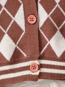 Baby Diamond Pattern Crew Neck Button-front Cardigan - Brown - View 4